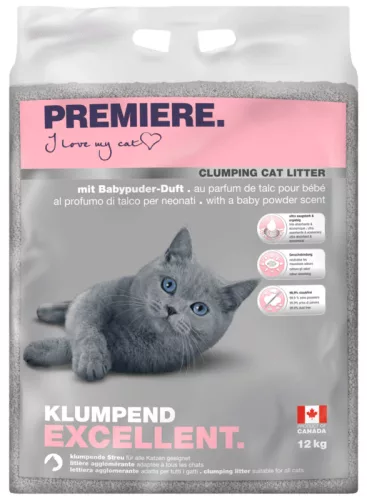 Premiere Excellent csomósodó macskaalom babapúder illattal 12kg
