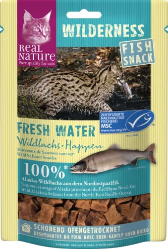 Real Nature Wilderness macska jutalomfalat Fresh Water lazac falatok 35g