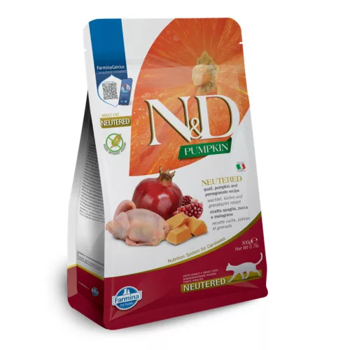 N&D Pumpkin Fürj & Gránátalma Ivartalanított Száraz Macsakeledel 300g