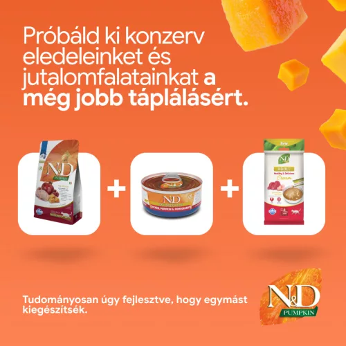 N&D Pumpkin Fürj & Gránátalma Ivartalanított Száraz Macsakeledel 300g