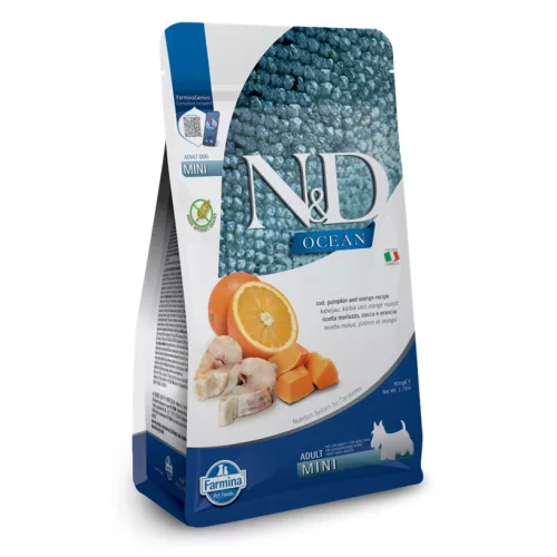 N&D Ocean Tőkehal, Sütőtök & Narancs Felnőtt Mini Száraz Kutyaeledel 800g