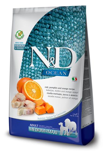 N&D Grain Free Ocean tőkehal&narancs sütőtökkel adult medium&large száraz kutyaeledel 2,5kg