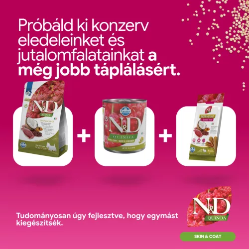 N&D Quinoa Skin & Coat Kacsa Adult Mini Száraz Kutyaeledel 800g