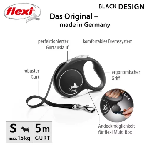Flexi Black Design kutyapóráz csévélő szalagos fekete S 5m