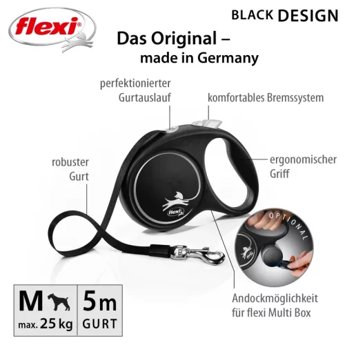 Flexi Black Design kutyapóráz csévélő szalagos fekete M 5m