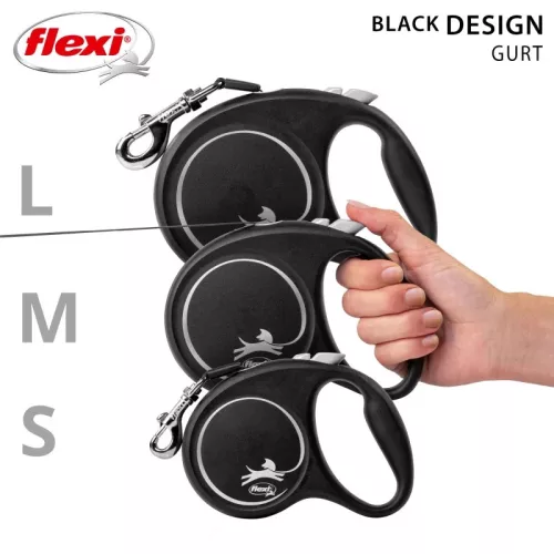 Flexi Black Design kutyapóráz csévélő szalagos fekete L 5m