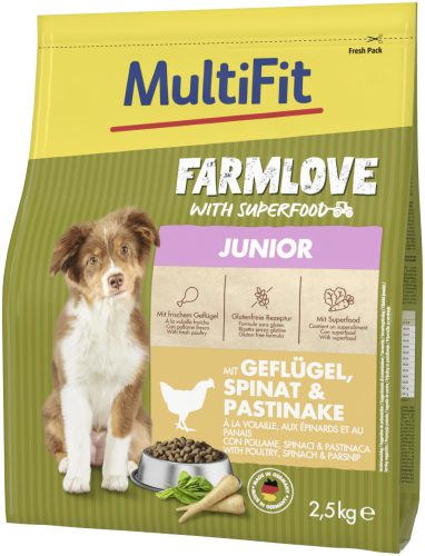 MultiFit Farmlove száraz kutyaeledel junior szárnyas&spenót 2,5kg
