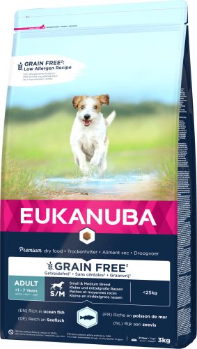 Eukanuba Grain Free Small & Medium száraz kutyaeledel adult hal 3kg