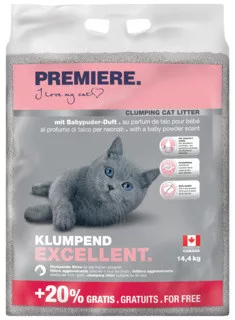 Premiere Excellent csomósodó macskaalom babapúder illatú 12+2,4kg