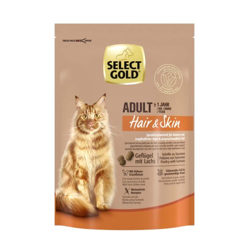 Select Gold Hair&Skin adult száraz macskaeledel szárnyas&lazac 300g