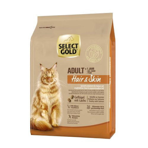 Select Gold Hair&Skin adult száraz macskaeledel szárnyas&lazac 2,5kg