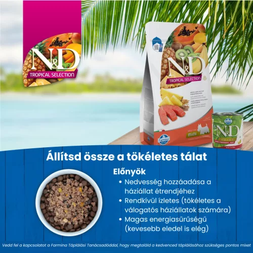 N&D Tropical Selection Lazac & Trópusi gyümölcsök Felnőtt Mini Száraz Kutyaeledel 1,5kg