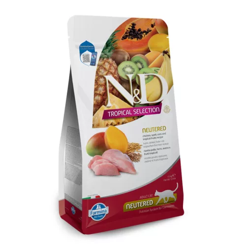 N&D Tropical Selection Ivartalanított Csirke & Trópusi gyümölcsök Száraz Macskaeledel 1,5kg