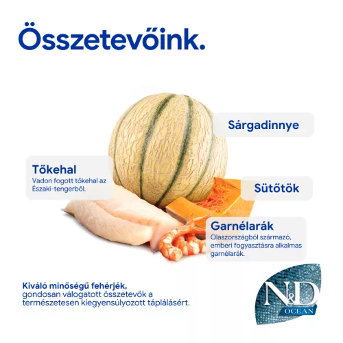 N&D Ocean Tőkehal, Garnélarák, Sütőtök & Sárgadinnye Kölyök Száraz Macskaeledel 300g