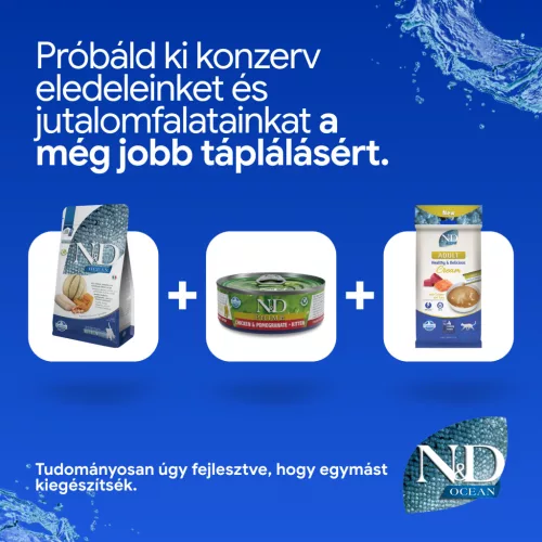 N&D Ocean Tőkehal, Garnélarák, Sütőtök & Sárgadinnye Kölyök Száraz Macskaeledel 300g