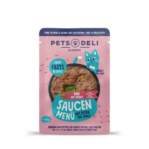 Pets Deli mártásos menü tasak macskáknak marha&sütőtök 12x70g