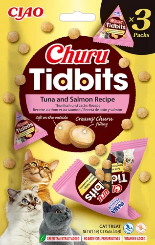 INABA Churu Tidbits golyók tonhalas lazac ízű kiegészítő eledel macskáknak  3x12g