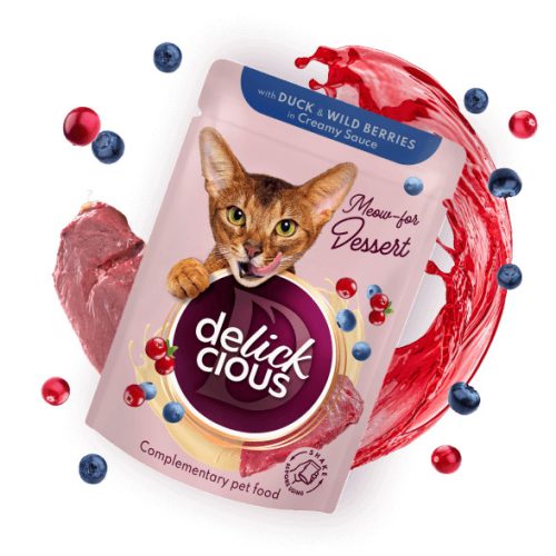 DELICKCIOUS Meow - for Dessert kacsa & bogyós gyümölcs nedves macskaeledel 12x80g