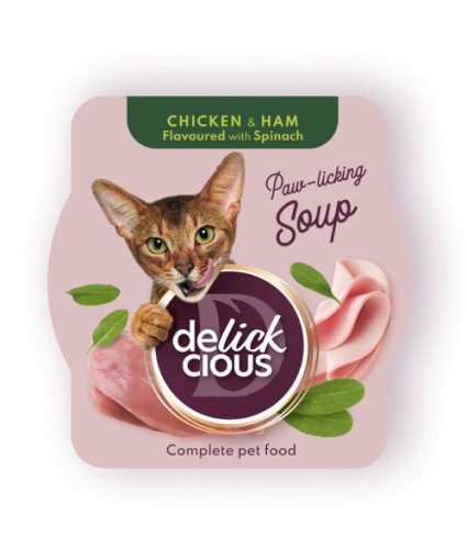 DELICKCIOUS Paw - licking Soup csirke & sonka & spenót nedves macskaeledel 80g