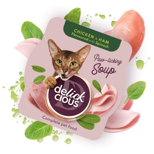 DELICKCIOUS Paw - licking Soup csirke & sonka & spenót nedves macskaeledel 80g