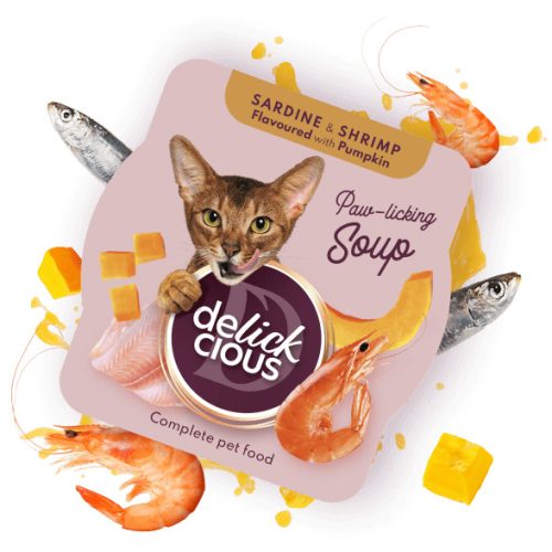 DELICKCIOUS Paw - licking Soup rák & szardínia & sütőtök nedves macskaeledel 80g