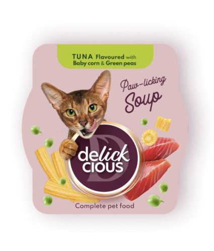 DELICKCIOUS Paw - licking Soup tonhal & kukorica & zöldbab nedves macskaeledel 80g
