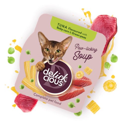 DELICKCIOUS Paw - licking Soup tonhal & kukorica & zöldbab nedves macskaeledel 80g