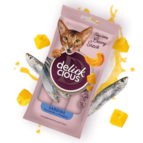 DELICKCIOUS Nose - licking Creamy Snack kiegészítő eledel macskáknak szardínia & sütőtök 4x15g