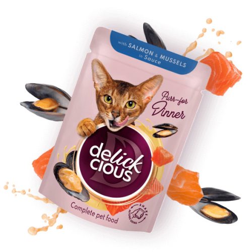DELICKCIOUS Purr - for Dinner lazac & kagyló nedves macskaeledel 12x85g