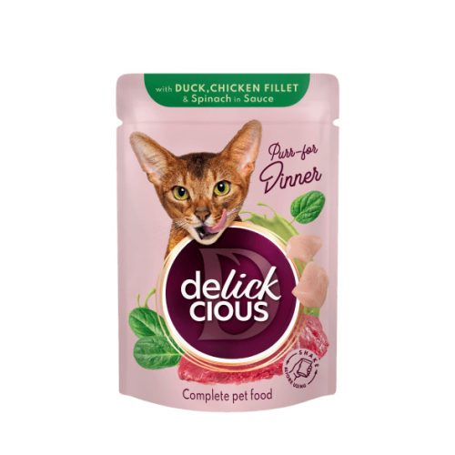 DELICKCIOUS Purr - for Dinner kacsa & csirke & spenót nedves macskaeledel 12x85g