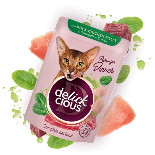 DELICKCIOUS Purr - for Dinner kacsa & csirke & spenót nedves macskaeledel 12x85g