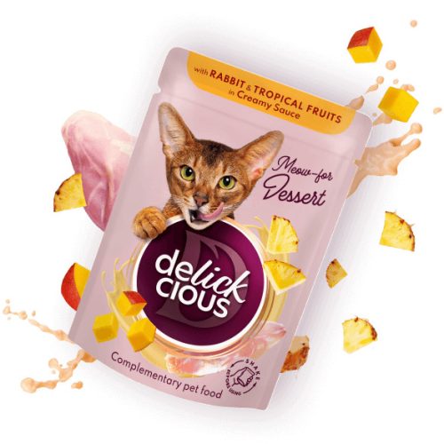 DELICKCIOUS Meow - for Dessert nyúl & trópusi gyümölcs nedves macskaeledel12x80g
