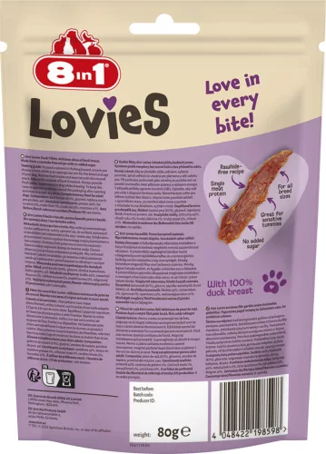 8in1 Lovies kutya jutalomfalat kacsafilé falatok 80g