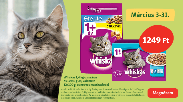 Ízletes Whiskas ropogtatnivalók és szaftos textúrák kedvező áron!